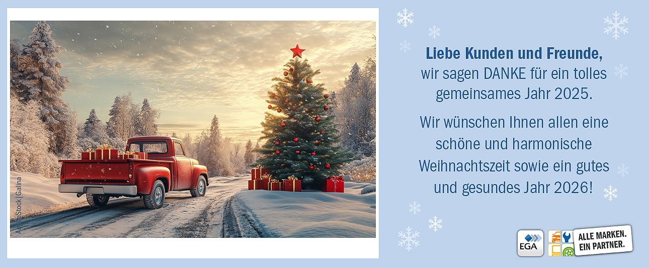 Slider mit Weihnachtsgruß, auf dem das Bild eines roten Pickups mit Geschenken auf der Ladefläche sowie ein Weihnachtsbaum mit Geschenken in einer Schneelandschaft zu sehen sind.